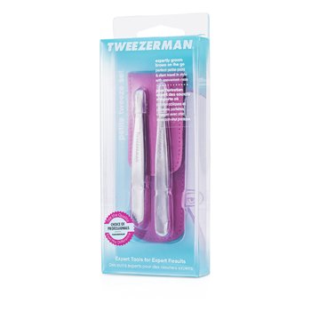 Tweezerman Petite Tweeze Set: Slant Tweezer + Point Tweezer - (With Pink Case)